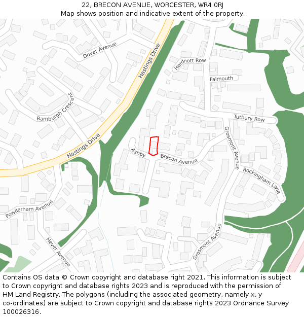 22, BRECON AVENUE, WORCESTER, WR4 0RJ: Location map and indicative extent of plot