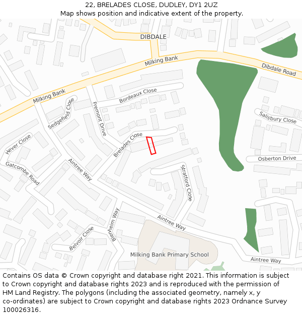 22, BRELADES CLOSE, DUDLEY, DY1 2UZ: Location map and indicative extent of plot