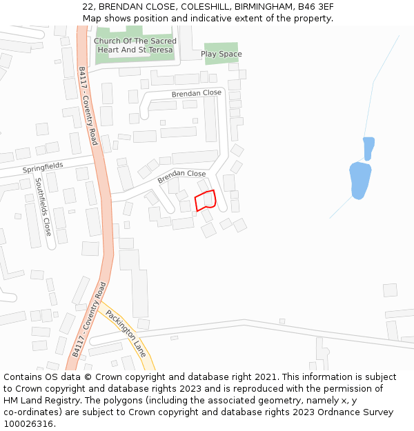 22, BRENDAN CLOSE, COLESHILL, BIRMINGHAM, B46 3EF: Location map and indicative extent of plot