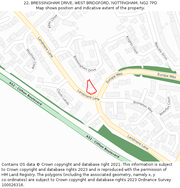 22, BRESSINGHAM DRIVE, WEST BRIDGFORD, NOTTINGHAM, NG2 7PD: Location map and indicative extent of plot