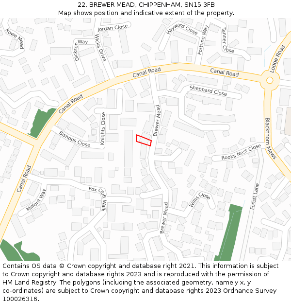 22, BREWER MEAD, CHIPPENHAM, SN15 3FB: Location map and indicative extent of plot