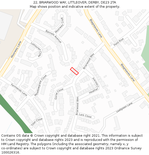 22, BRIARWOOD WAY, LITTLEOVER, DERBY, DE23 2TA: Location map and indicative extent of plot