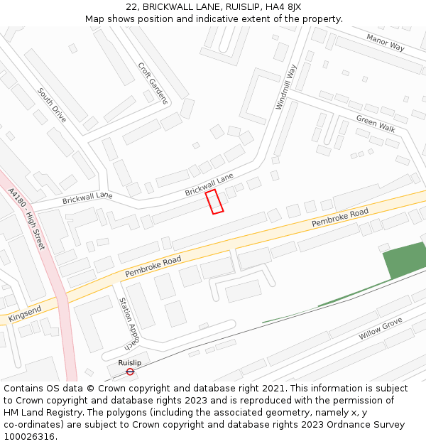 22, BRICKWALL LANE, RUISLIP, HA4 8JX: Location map and indicative extent of plot