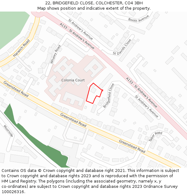 22, BRIDGEFIELD CLOSE, COLCHESTER, CO4 3BH: Location map and indicative extent of plot