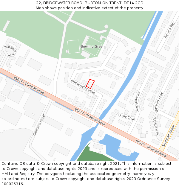 22, BRIDGEWATER ROAD, BURTON-ON-TRENT, DE14 2GD: Location map and indicative extent of plot