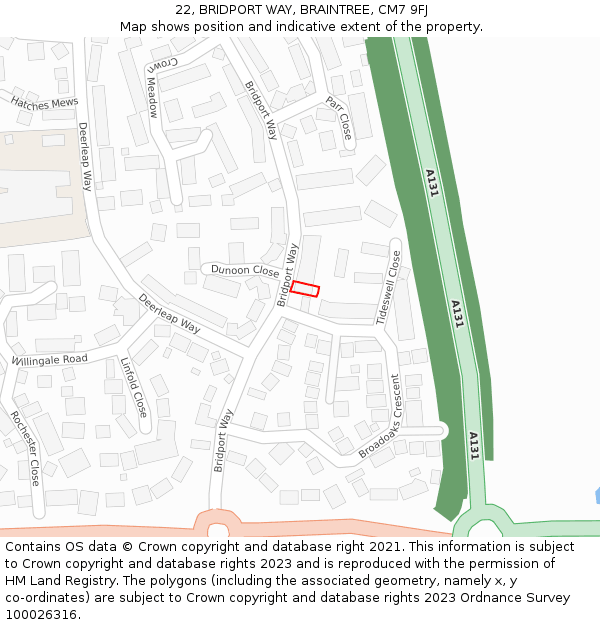 22, BRIDPORT WAY, BRAINTREE, CM7 9FJ: Location map and indicative extent of plot