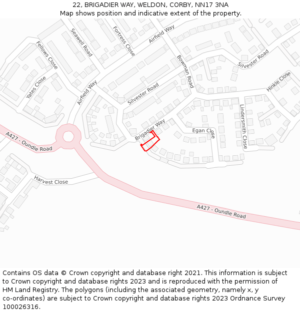 22, BRIGADIER WAY, WELDON, CORBY, NN17 3NA: Location map and indicative extent of plot