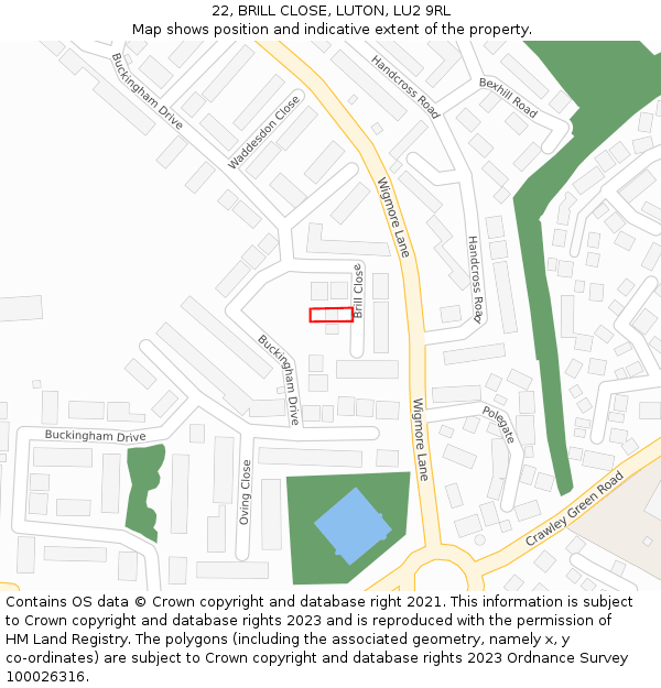 22, BRILL CLOSE, LUTON, LU2 9RL: Location map and indicative extent of plot