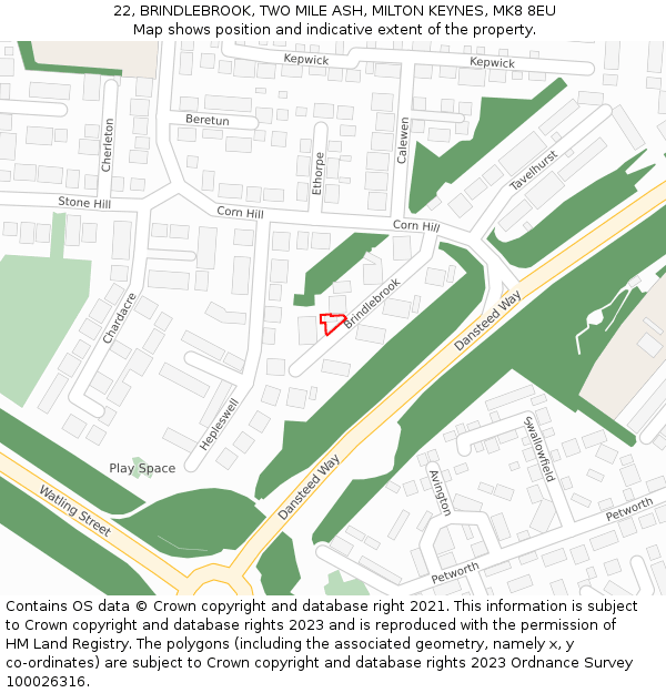 22, BRINDLEBROOK, TWO MILE ASH, MILTON KEYNES, MK8 8EU: Location map and indicative extent of plot