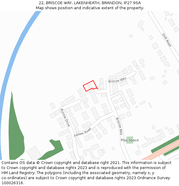 22, BRISCOE WAY, LAKENHEATH, BRANDON, IP27 9SA: Location map and indicative extent of plot