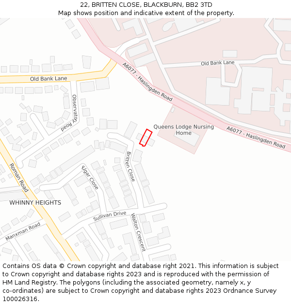 22, BRITTEN CLOSE, BLACKBURN, BB2 3TD: Location map and indicative extent of plot