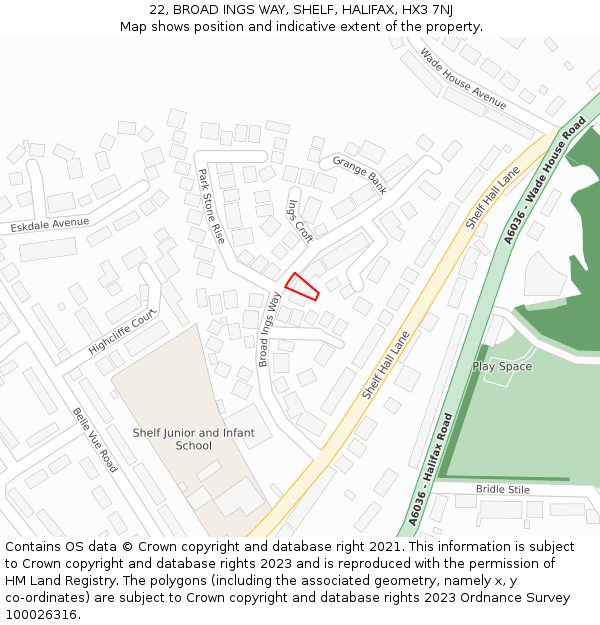 22, BROAD INGS WAY, SHELF, HALIFAX, HX3 7NJ: Location map and indicative extent of plot