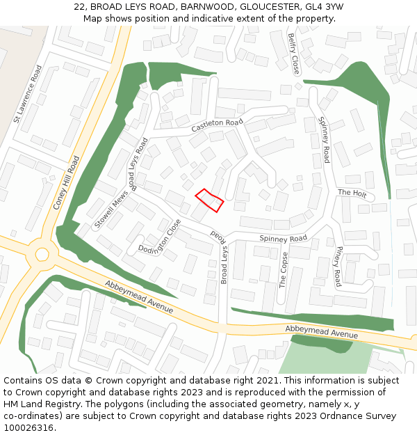 22, BROAD LEYS ROAD, BARNWOOD, GLOUCESTER, GL4 3YW: Location map and indicative extent of plot