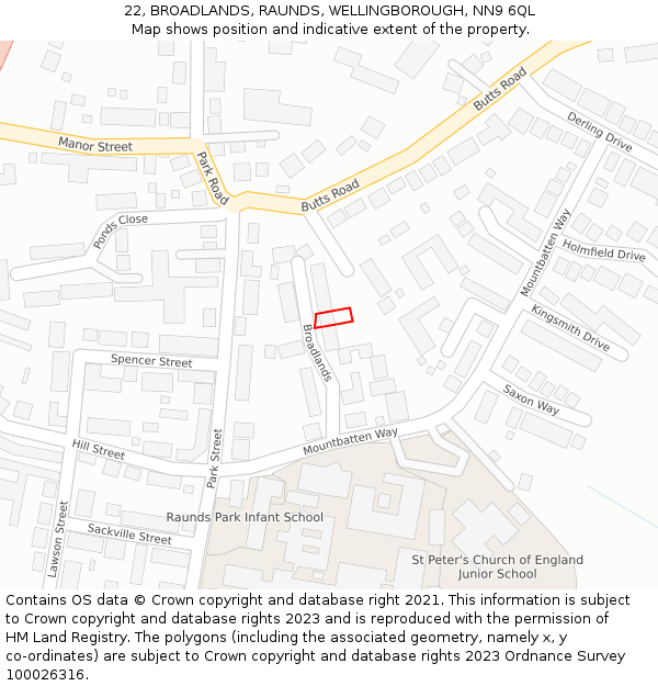 22, BROADLANDS, RAUNDS, WELLINGBOROUGH, NN9 6QL: Location map and indicative extent of plot