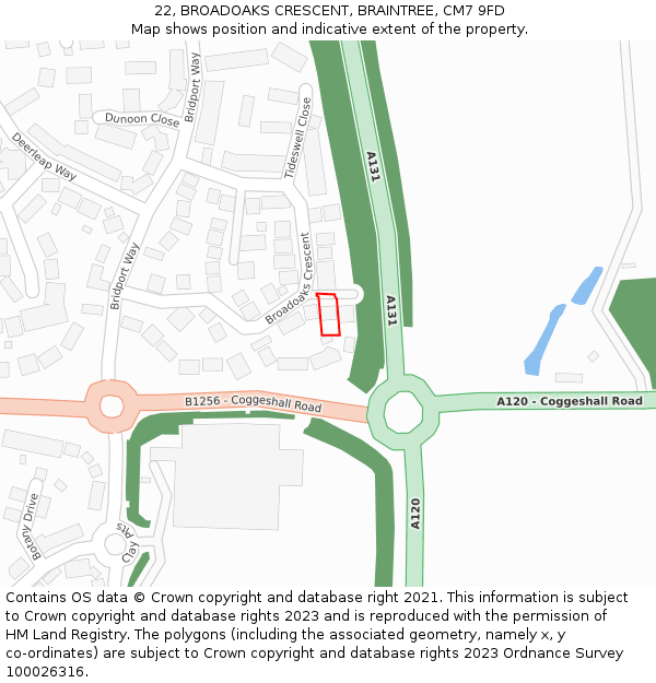 22, BROADOAKS CRESCENT, BRAINTREE, CM7 9FD: Location map and indicative extent of plot