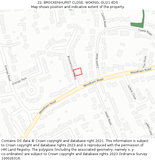 22, BROCKENHURST CLOSE, WOKING, GU21 4DS: Location map and indicative extent of plot