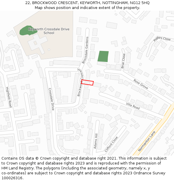 22, BROCKWOOD CRESCENT, KEYWORTH, NOTTINGHAM, NG12 5HQ: Location map and indicative extent of plot