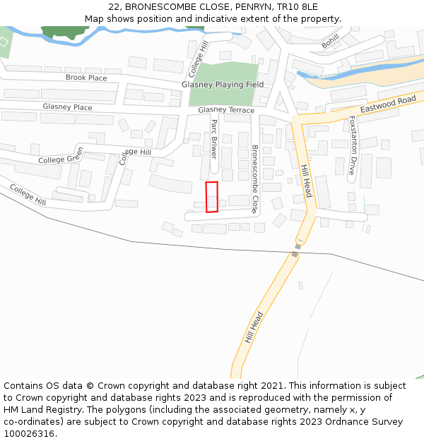 22, BRONESCOMBE CLOSE, PENRYN, TR10 8LE: Location map and indicative extent of plot