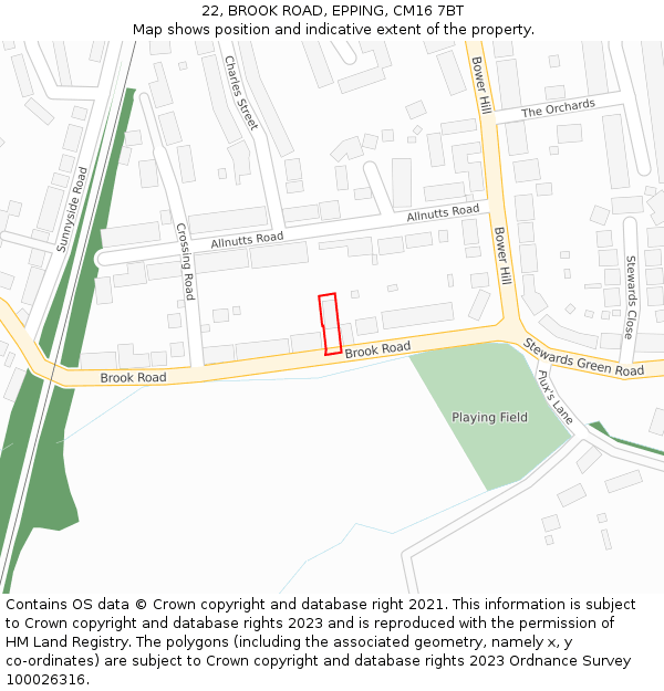 22, BROOK ROAD, EPPING, CM16 7BT: Location map and indicative extent of plot