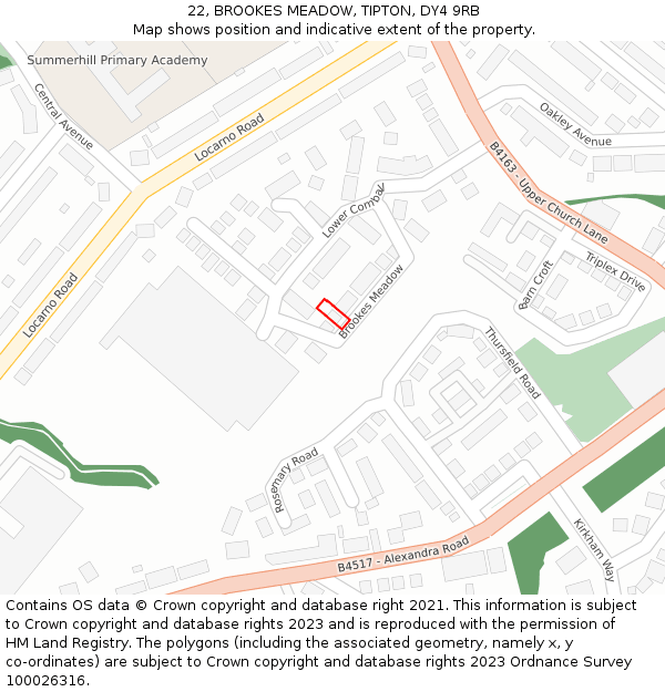 22, BROOKES MEADOW, TIPTON, DY4 9RB: Location map and indicative extent of plot