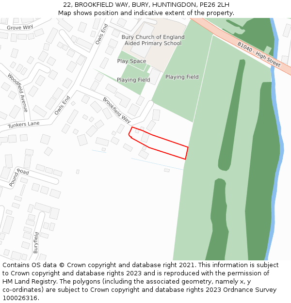 22, BROOKFIELD WAY, BURY, HUNTINGDON, PE26 2LH: Location map and indicative extent of plot