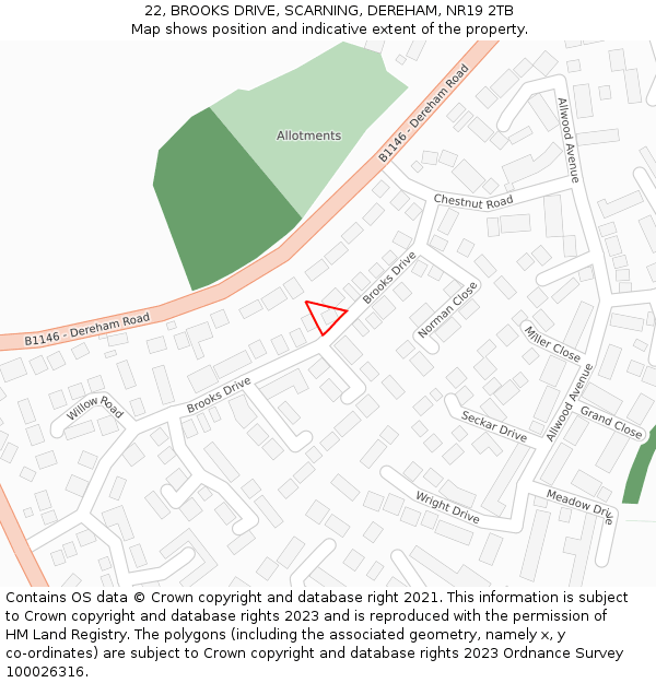 22, BROOKS DRIVE, SCARNING, DEREHAM, NR19 2TB: Location map and indicative extent of plot