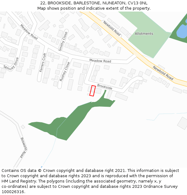 22, BROOKSIDE, BARLESTONE, NUNEATON, CV13 0NL: Location map and indicative extent of plot