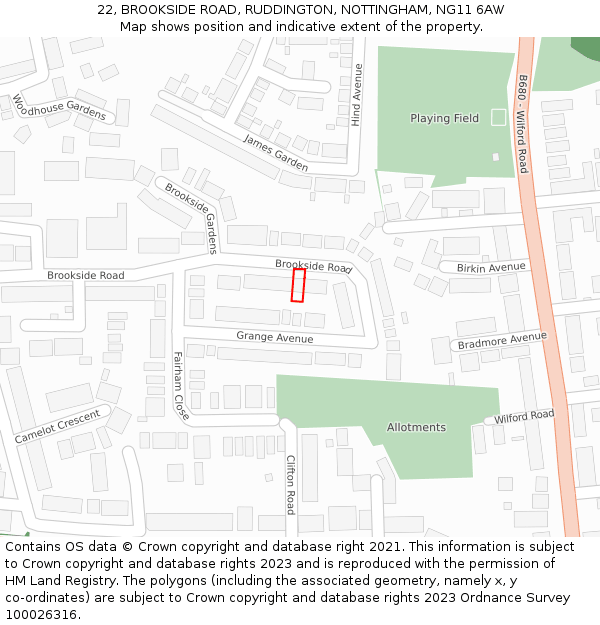 22, BROOKSIDE ROAD, RUDDINGTON, NOTTINGHAM, NG11 6AW: Location map and indicative extent of plot