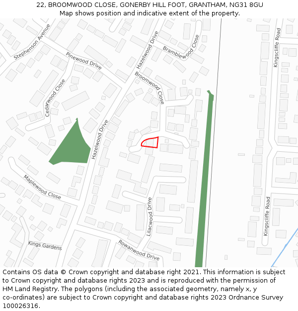 22, BROOMWOOD CLOSE, GONERBY HILL FOOT, GRANTHAM, NG31 8GU: Location map and indicative extent of plot