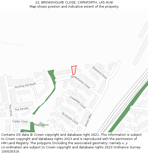 22, BROWSHOLME CLOSE, CARNFORTH, LA5 9UW: Location map and indicative extent of plot