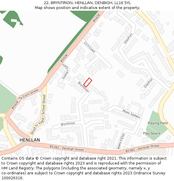 22, BRYNTIRION, HENLLAN, DENBIGH, LL16 5YL: Location map and indicative extent of plot