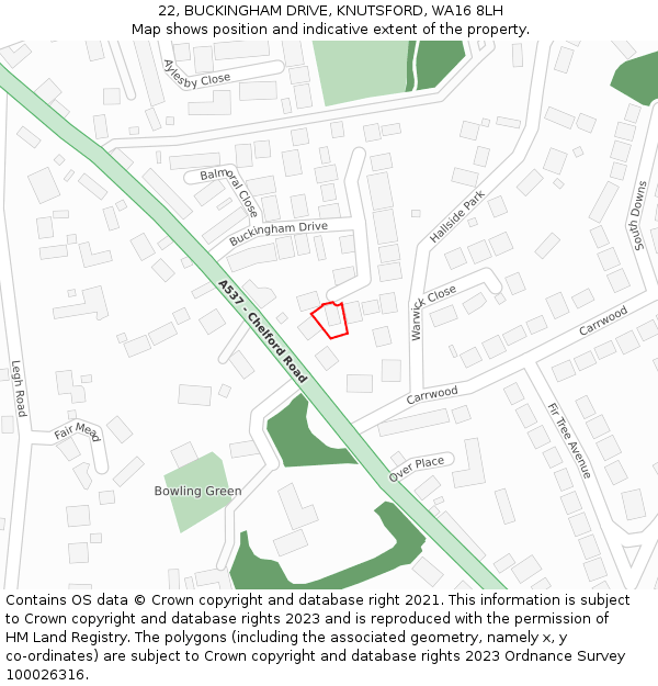 22, BUCKINGHAM DRIVE, KNUTSFORD, WA16 8LH: Location map and indicative extent of plot