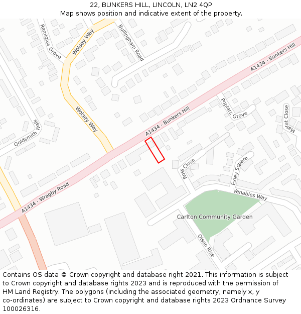 22, BUNKERS HILL, LINCOLN, LN2 4QP: Location map and indicative extent of plot