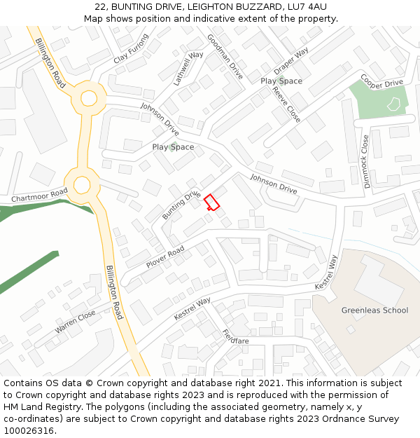 22, BUNTING DRIVE, LEIGHTON BUZZARD, LU7 4AU: Location map and indicative extent of plot