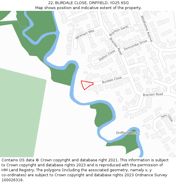 22, BURDALE CLOSE, DRIFFIELD, YO25 6SG: Location map and indicative extent of plot