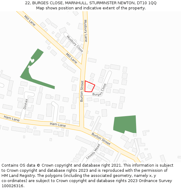 22, BURGES CLOSE, MARNHULL, STURMINSTER NEWTON, DT10 1QQ: Location map and indicative extent of plot