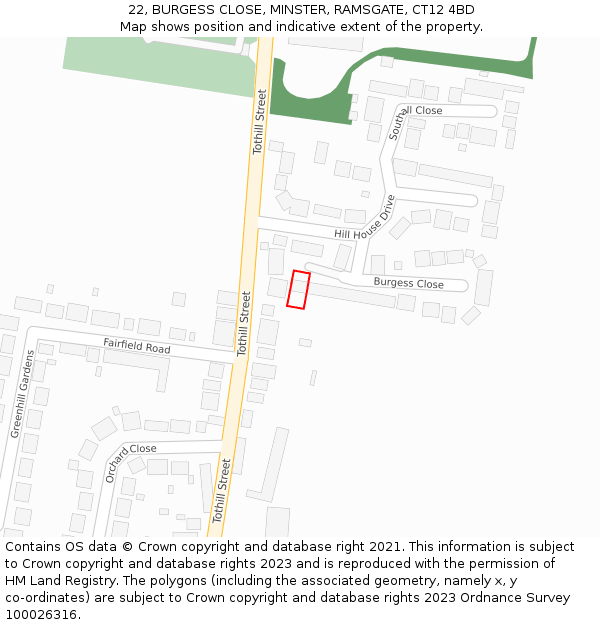 22, BURGESS CLOSE, MINSTER, RAMSGATE, CT12 4BD: Location map and indicative extent of plot