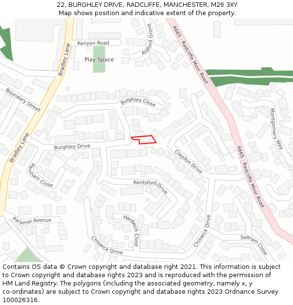 22, BURGHLEY DRIVE, RADCLIFFE, MANCHESTER, M26 3XY: Location map and indicative extent of plot