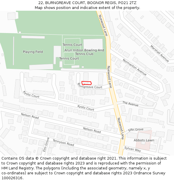 22, BURNGREAVE COURT, BOGNOR REGIS, PO21 2TZ: Location map and indicative extent of plot