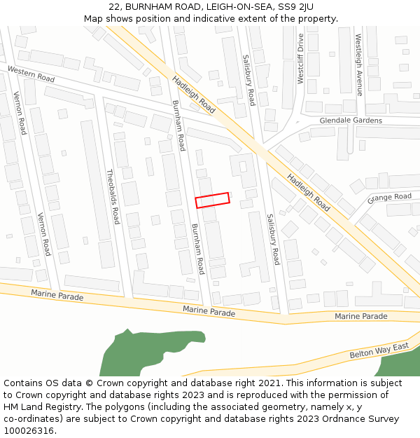 22, BURNHAM ROAD, LEIGH-ON-SEA, SS9 2JU: Location map and indicative extent of plot