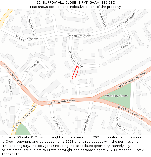 22, BURROW HILL CLOSE, BIRMINGHAM, B36 9ED: Location map and indicative extent of plot