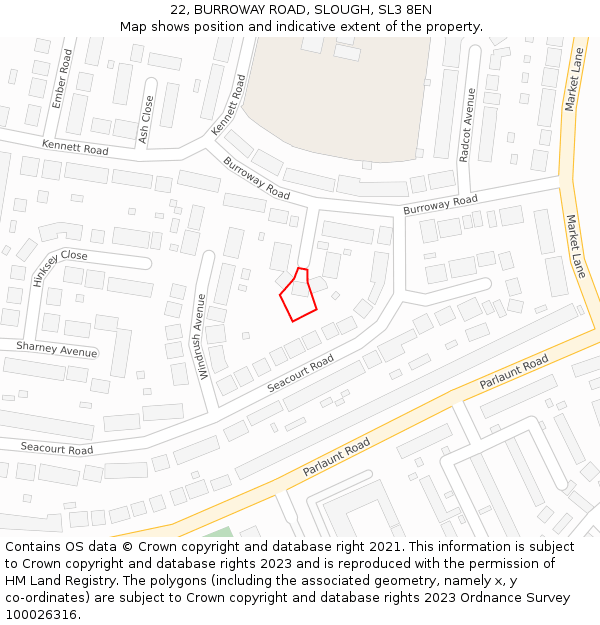 22, BURROWAY ROAD, SLOUGH, SL3 8EN: Location map and indicative extent of plot