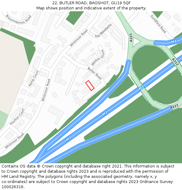 22, BUTLER ROAD, BAGSHOT, GU19 5QF: Location map and indicative extent of plot