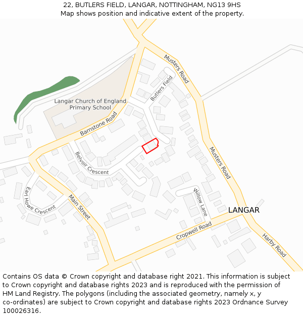 22, BUTLERS FIELD, LANGAR, NOTTINGHAM, NG13 9HS: Location map and indicative extent of plot