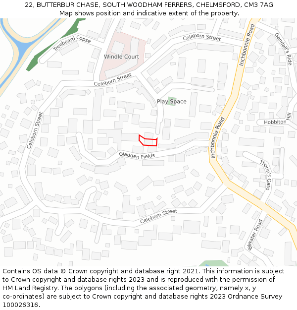 22, BUTTERBUR CHASE, SOUTH WOODHAM FERRERS, CHELMSFORD, CM3 7AG: Location map and indicative extent of plot