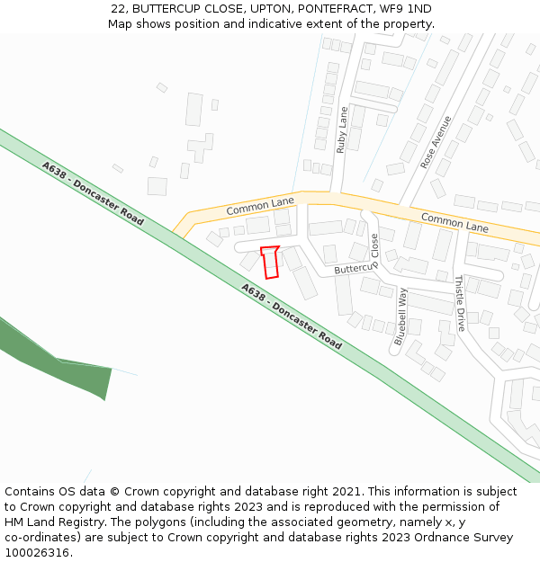 22, BUTTERCUP CLOSE, UPTON, PONTEFRACT, WF9 1ND: Location map and indicative extent of plot