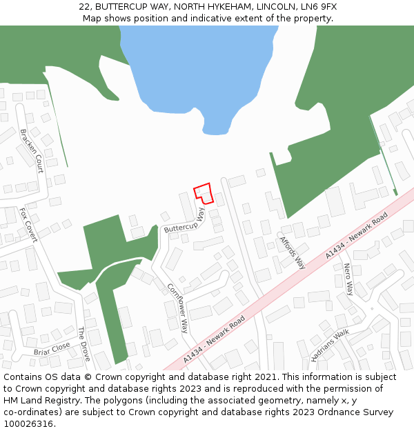 22, BUTTERCUP WAY, NORTH HYKEHAM, LINCOLN, LN6 9FX: Location map and indicative extent of plot