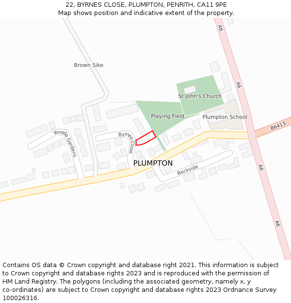 22, BYRNES CLOSE, PLUMPTON, PENRITH, CA11 9PE: Location map and indicative extent of plot