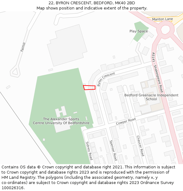 22, BYRON CRESCENT, BEDFORD, MK40 2BD: Location map and indicative extent of plot
