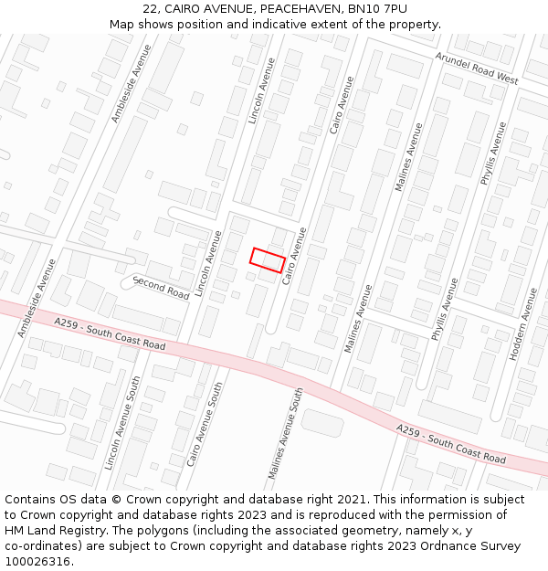 22, CAIRO AVENUE, PEACEHAVEN, BN10 7PU: Location map and indicative extent of plot